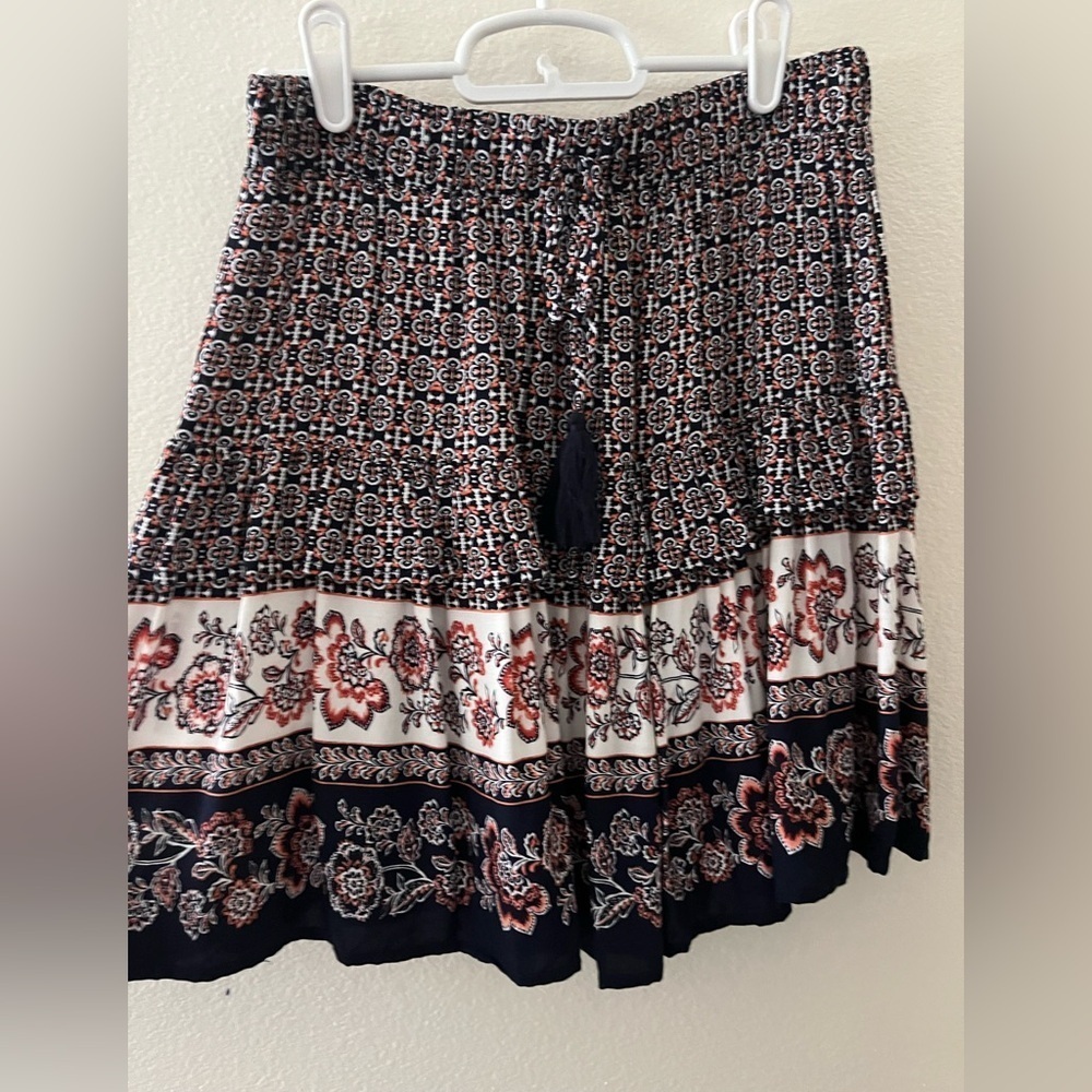 Blue Rain Navy Blue, Orange, Cream Short Skirt with Tassel Tie Pull On Small
